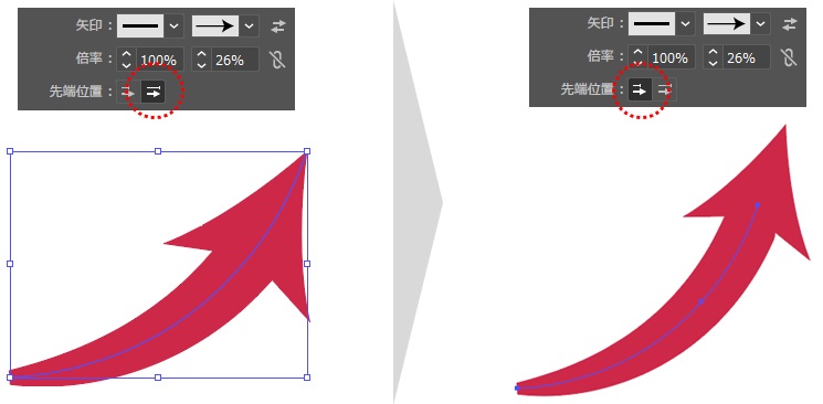 イラストレーター　矢印　徐々に太くなる線の作り方3　先端位置を変える